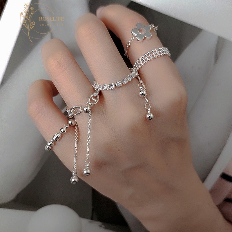 Roselife Ins Trendi s925 Perak Rumbai Link Rantai Cincin Untuk Wanita Gadis Populer Liburan Musim Panas Jari Rings Perhiasan Aksesoris