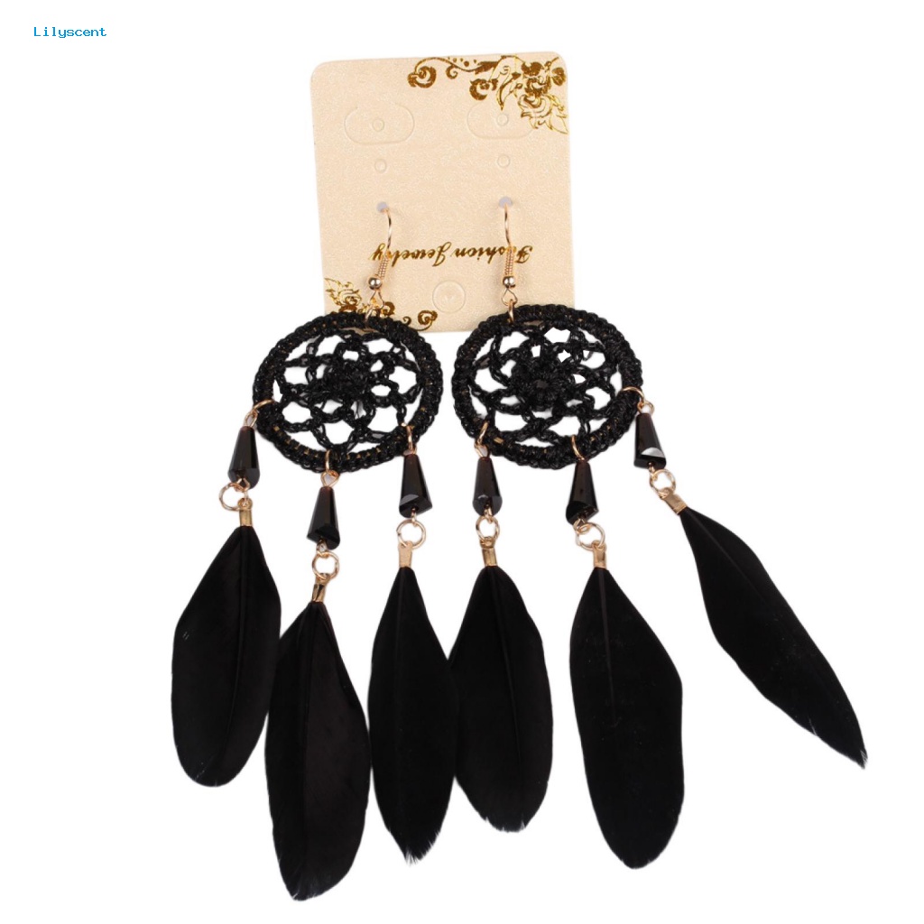 Lilyscent 1pasang Anting Kait Elegan Kostum Aksesoris Panjang Bulu Palsu Dreamcatcher Earrings Liontin