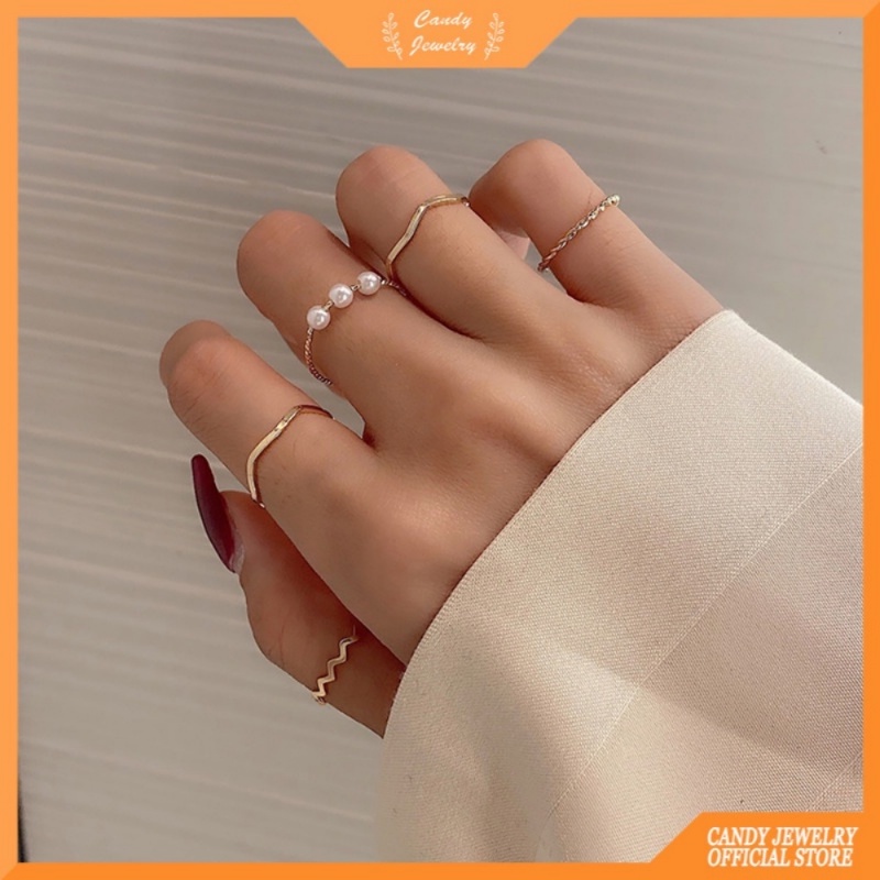 5pcs / set Cincin Jari Telunjuk Bahan Metal Hias Mutiara Gaya Korea Untuk Wanita