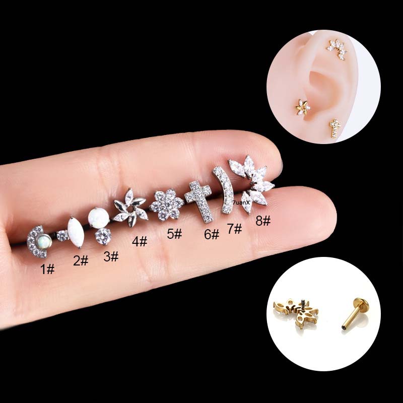 1biji G23 Titanium Ulir Internal Kepala Rata Labret Bibir Stud Zirkon Bunga Cross Bedah Baja Tindik 16Gauge