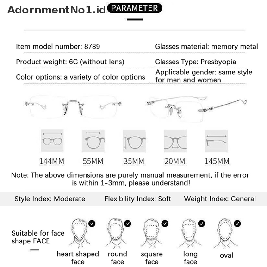 [AdornmentNo1] Kacamata Baca Pria Presbyopia Goggles Wanita Vintage Rimless Eyewear Diopter+1.0 1.5 2.0 2.5 3.0 3.5 4.0 [ID]