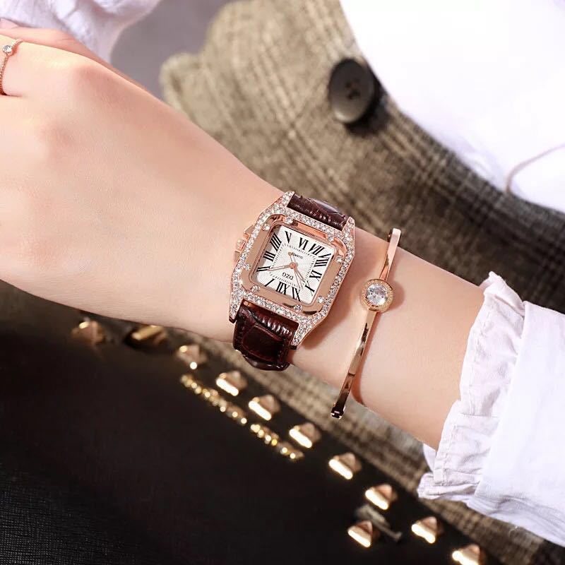 CIELO (COD)Jam Tangan Wanita Analog Quartz Accent Rhinestone PU Leather Strap Bracelet Watch Set Jam Tangan Wanita Mewah Stainless Steel Analog Dial Kotak Romawi Fashion Korean Style Import Fashion