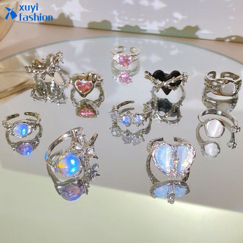 Fashion Zirkon Hati Bunga Bintang Cincin Kupu-Kupu Kristal Batu Permata Menjatuhkan Minyak Emas Dan Perak Rings Untuk Aksesoris Perhiasan Wanita