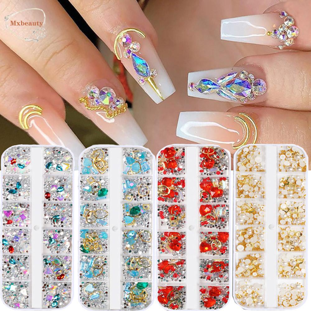 Mxbeauty Paku Rhinestones 12kisi/kotak Shiny Heart Metal AB Permata Desain Campur Perhiasan Kuku