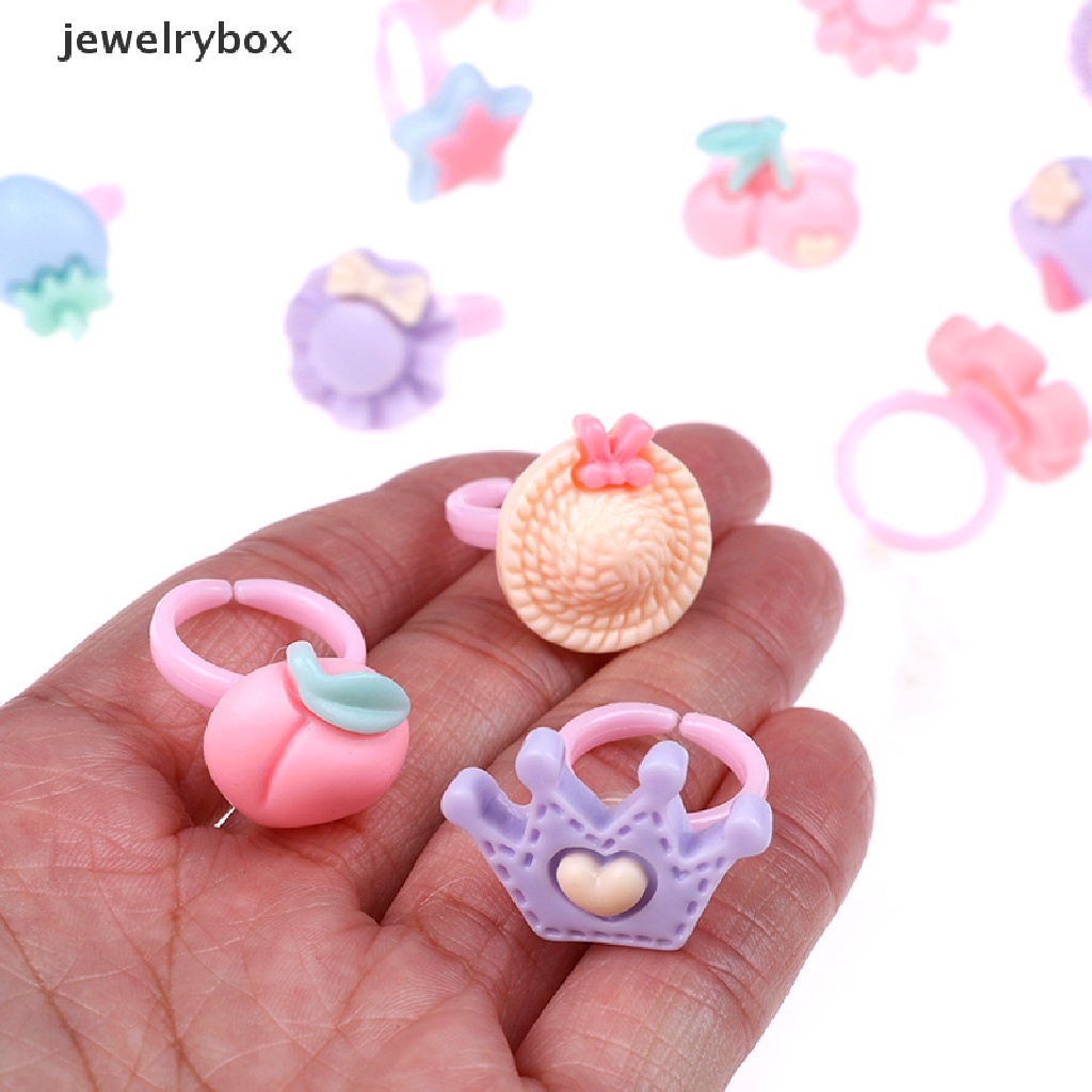 [jewelrybox] 12pcs mix Cincin Kartun Bunga resin Plastik Bayi Anak Perempuan Anak Dengan Kotak Butik