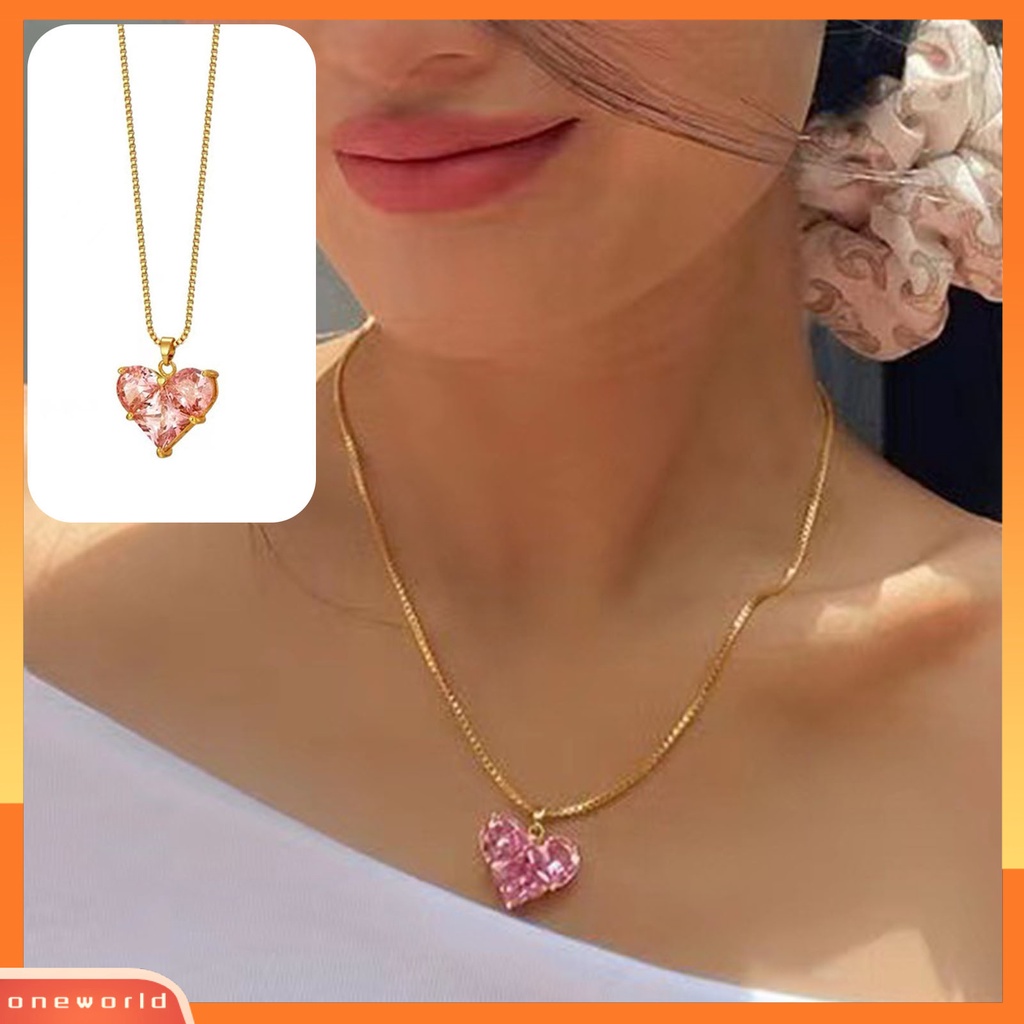 [ONE] Ladies Kalung Cubic Zirconia Bersinar Bentuk Geometris Menawan Tahan Aus Dress Up Hypoallergenic Merah Muda Bentuk Hati Liontin Kalung Perhiasan Aksesori