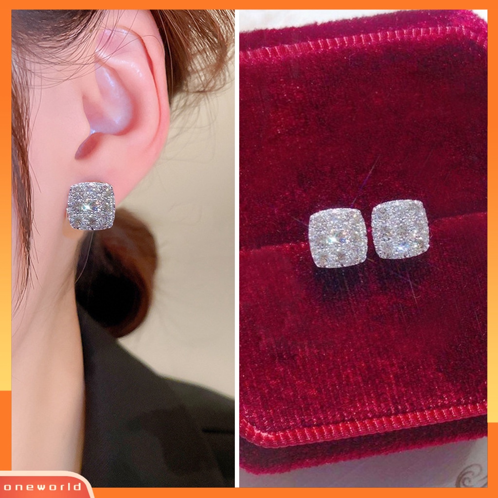 [EONE] 1pasang Ladies Earrings Compact Minimalistic Trendy Eye-catching Pengerjaan Halus Pakaian Sehari-Hari Tembaga Persegi Berlian Imitasi Wanita Ear Studs Aksesoris Pesta