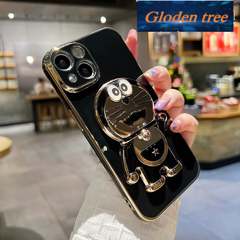 Gloden tree Casing Untuk Realme C11 Case Fashion Kartun Doraemon Lipat Stand Phone Case Electroplating Shockproof Phone Holder Case