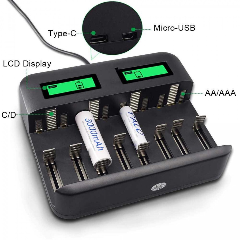 Charger Baterai Casan 8 Slot Dual Proteksi LCD USB Micro-Type C