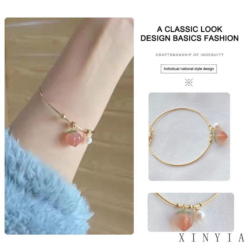 【Bayar di tempat】Gelang Tangan Rantai Liontin Buah Peach Warna Pink Untuk Wanita