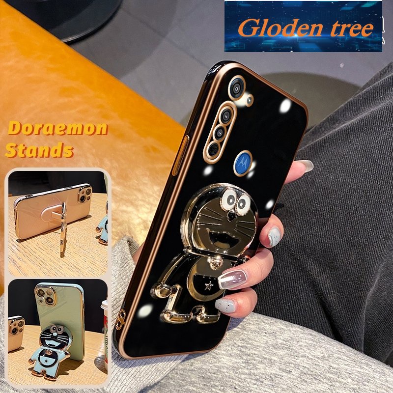 Gloden tree Casing Untuk Motorola G8 Play G8 Power Lite Case Fashion Kartun Doraemon Lipat Stand Phone Case Electroplating Shockproof Phone Holder Case