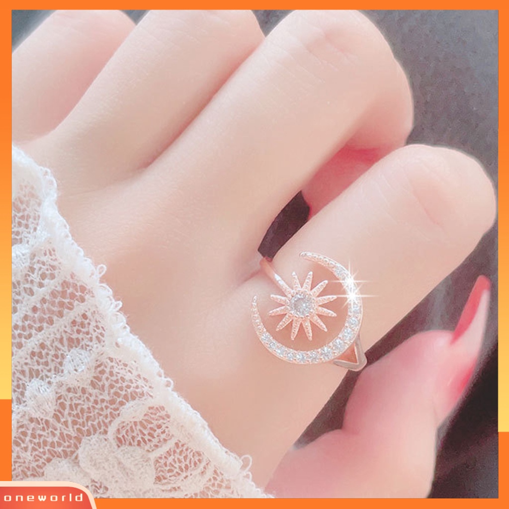 [EONE] Wanita Cincin Pembukaan Geometris Dainty Elegan Temperamen Hadiah Berlian Imitasi Tertanam Bintang Bulan Jari Cincin Aksesoris Perhiasan