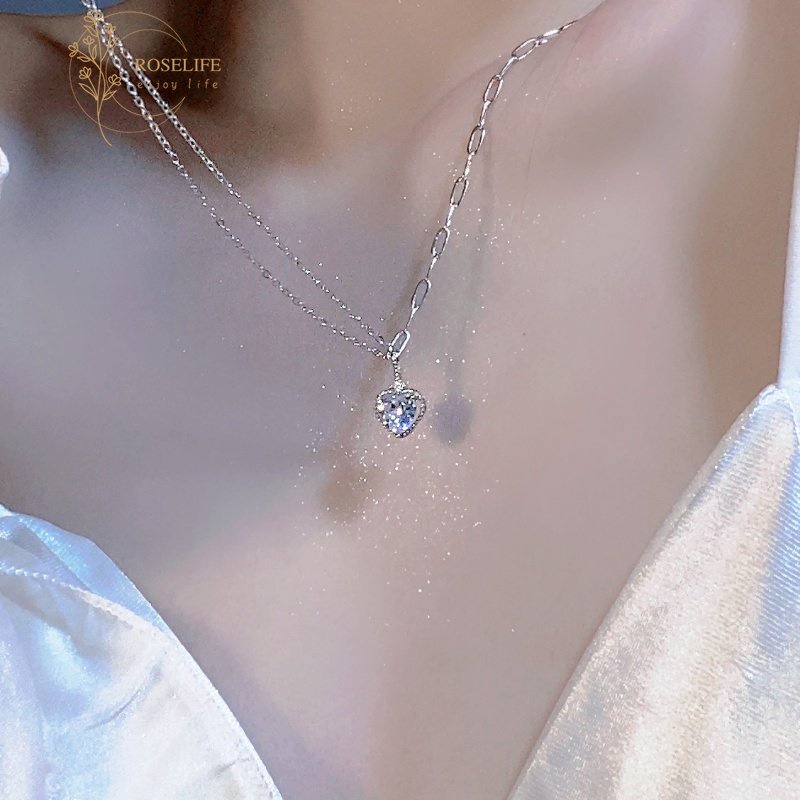 Roselife Korea s925 Perak Bersinar Zirkon Jantung Liontin Kalung Untuk Wanita Gadis Elegan Kristal Cinta Pesona Kalung Fashion Tulang Selangka Rantai Perhiasan Hadiah