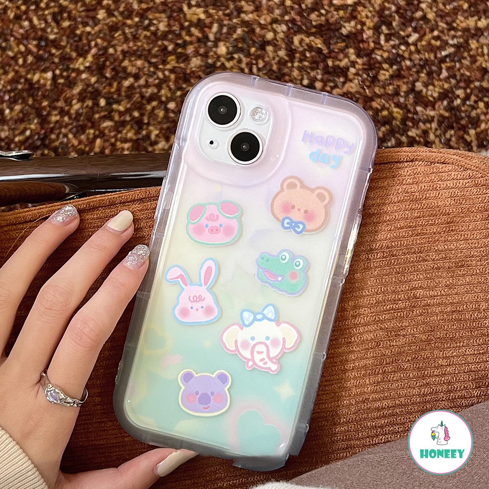 IPHONE Retro Happy Animal Zoo Gradien Casing Ponsel Shell Transparan Untuk Iphone14 13 12 11 Pro Max14 Plus Case Kartun Lucu Soft Cover