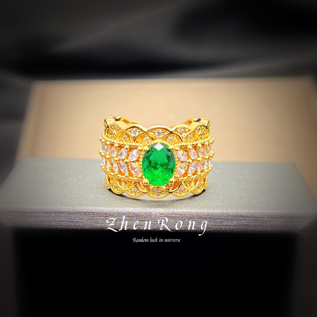 Goldkingdom Aksesoris Perhiasan Fashion Ready Stock Gaya Pengadilan Retro Italia Pola Berlubang Dengan Dua Warna Emas Renda Zamrud Burung Merpati Telur Cincin