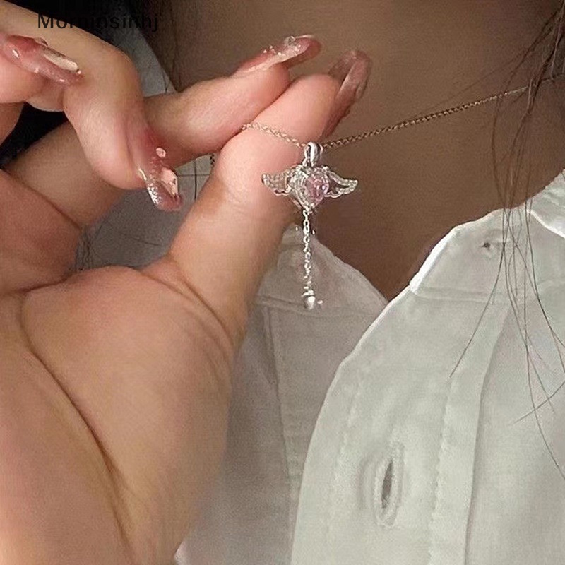 Mornin Kalung Liontin Hati Sayap Malaikat Kristal Pink Untuk Wanita Perhiasan Minimalis Rantai Leher Cewek id