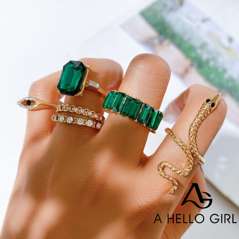 A HELLO GIRL 5pcs Set Permata Geometris Hip Hop Berlian Lapis Emas Ins Gaya Cincin Emas