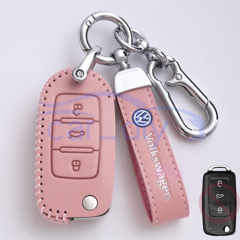 Leather Key Case Cover Remote Mobil Fob Dengan Gantungan Kunci Untuk Volkswagen VW Passat Lavida Sagitar Tiguan Jetta Bora Golf Cangkang Pelindung