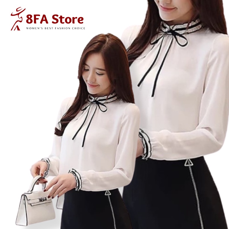 Blouse Korea Putih Polos Wanita Model Tali Ikat Lengan Panjang Gaya Baju Atasan Kerja Wanita Jumbo