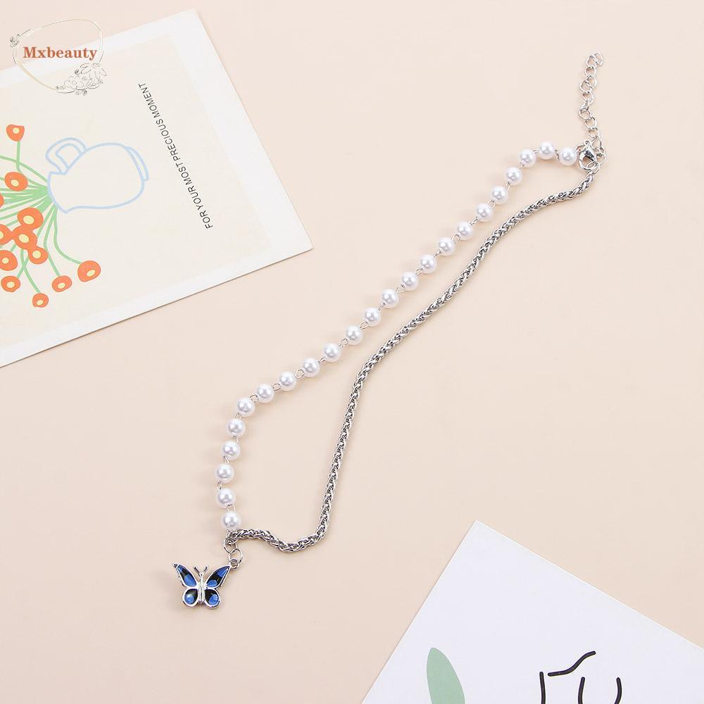 Mxbeauty Wanita Rantai Klavikula Niche Hadiah Pacar Temperamen Cahaya Mewah Mutiara Kupu-Kupu Kalung