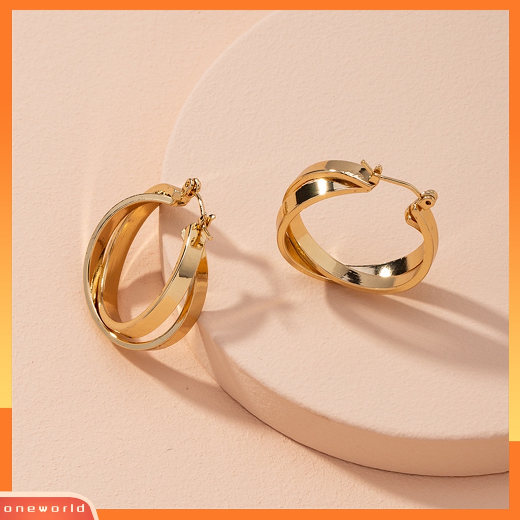 [EONE] 1pasang Anting Hoop Dual Cross Rings Geometris Temperamen Elegan Dipoles Hadiah Paduan Emas Logam Lingkaran Anting Perhiasan Fashion