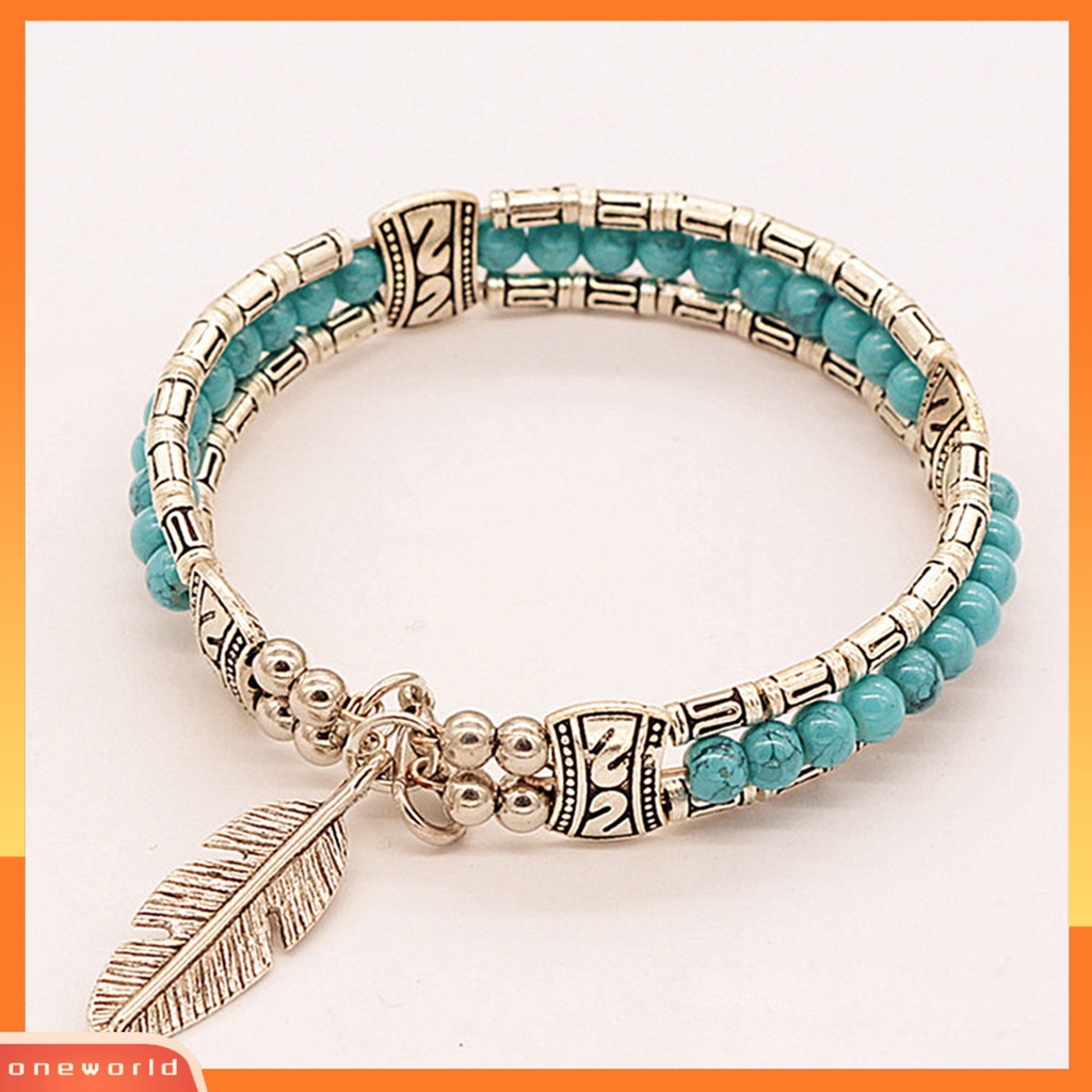 [EONE] Gelang Wanita Bentuk Bulu Bahan Alloy Imitasi Turquoise Tiga Lapis Women Bangles Untuk Hadiah