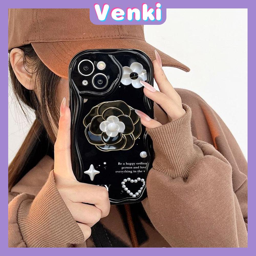 VENKI - For iPhone 11 iPhone Case 3D Curved Edge Wave Glossy Black TPU Airbag Shockproof Camera Cover Luxury Camellia Compatible with iPhone 14 13 Pro max 12 Pro Max xr xs max 7 8