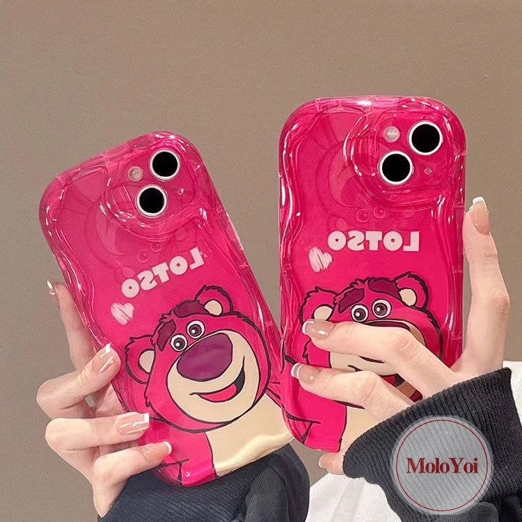 IPHONE Casing Ponsel Manyo Beruang Strawberry Merah Mawar Kompatibel Untuk Iphone7 8 6s 6plus11 12 13 14 Pro Max XR X XS Max SE 2020 3D Wavy Curved Edge Glossy Shockproof Tpu Soft Cover