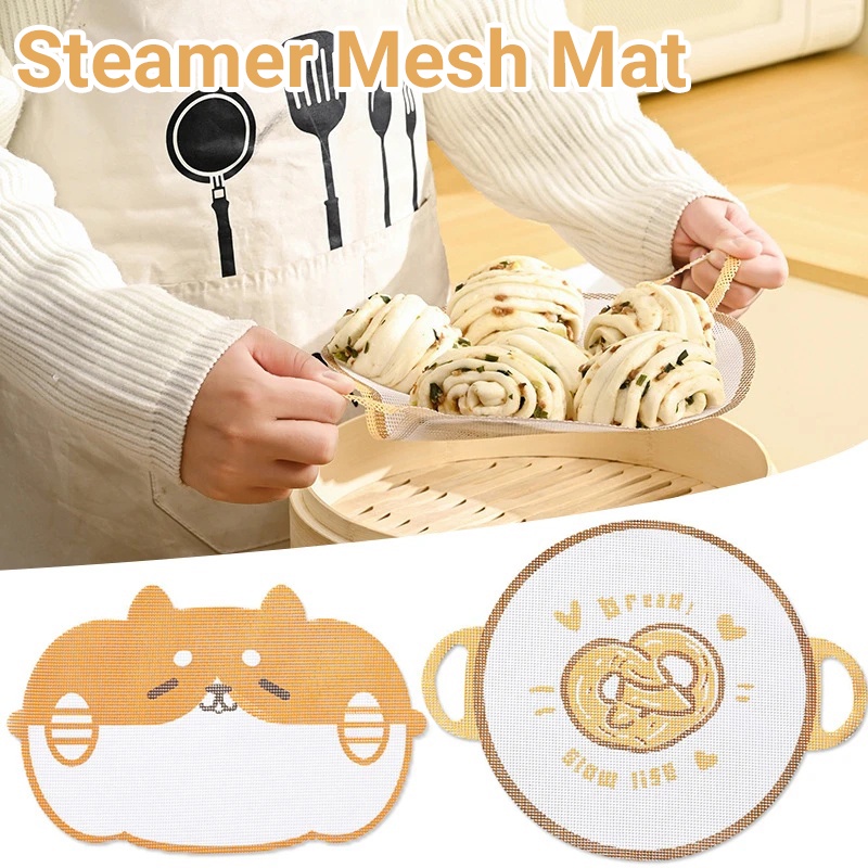Alas Steamer Mesh Tahan Panas Motif Kartun Lucu Roti Dapur Pastry Alat Masak Silicone Steamer Pad Dengan Lubang Gantung Alas Kertas Kukusan Anti Lengket Food Grade Reusable