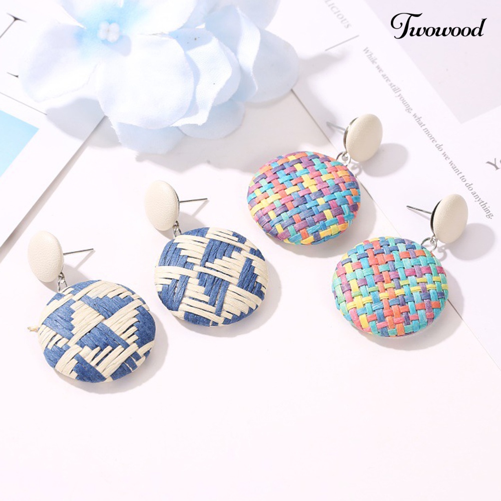 Twowood Boho Wanita Geometris Tombol Bulat Anyaman Jerami Menjuntai Stud Earrings Perhiasan