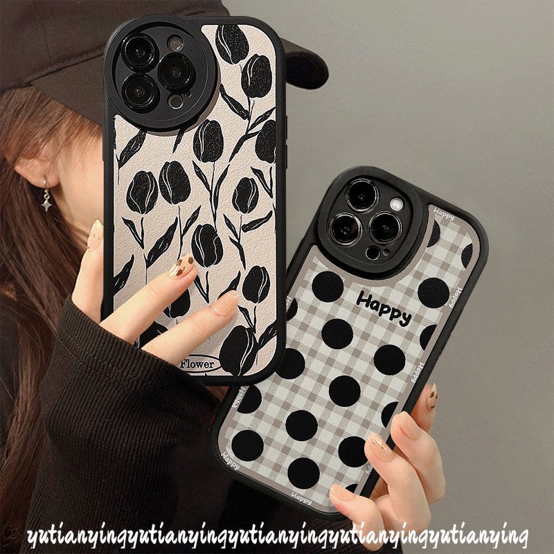 Happy Grid Big Dots Phone Case Kompatibel Untuk IPhone XR XS X Max11 13 12 14 Pro Max 7Plus 6s 6 7 8 Plus SE 2020 Shockproof Vintage Bunga Tulip Soft Cover