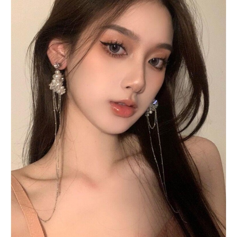 Anting Rumbai Mutiara Ultra Panjang Gaya Korea Dengan Temperamen Feminim Dan Anting Jarum Perak Indah