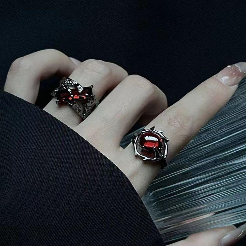 Needway  Cincin Geometris Kepribadian Hip Hop Terbuka Cincin Aksesoris Perhiasan Hadiah Hari Valentine Gaya Korea Perhiasan Permata Merah Perhiasan