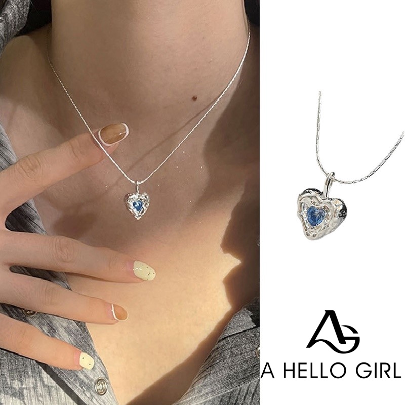 Ahellogirl925 Sterling Silver Niche Desain High-end Dengan Temperamen, Kalung Cinta Biru, Rantai Tulang Selangka Modis