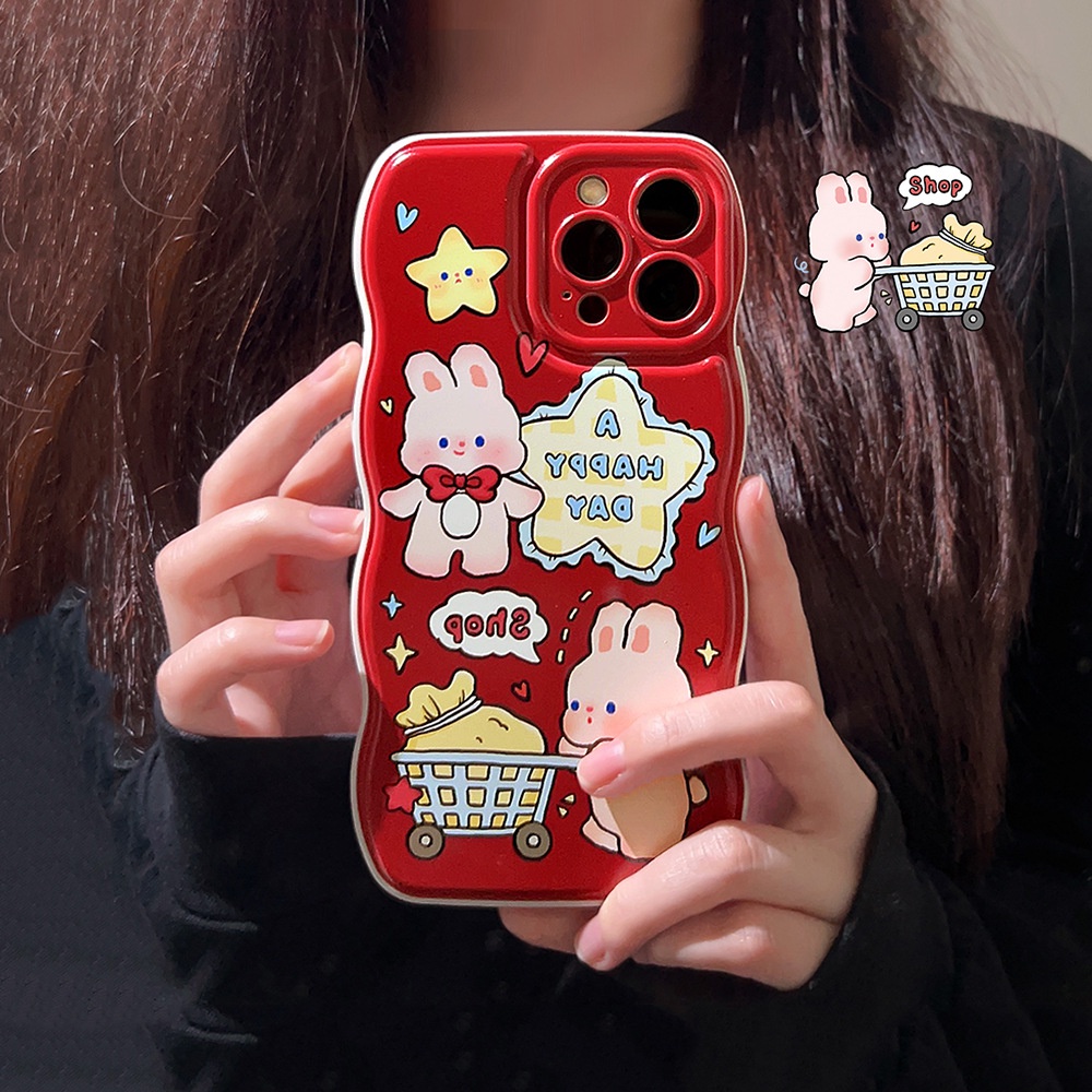 IPHONE Kartun Belanja Bunny Kelinci Anggur Merah Berbentuk Gelombang Perlindungan Penuh Casing Ponsel Cover Untuk Iphone11 12 13 14 PLUS PRO MAX
