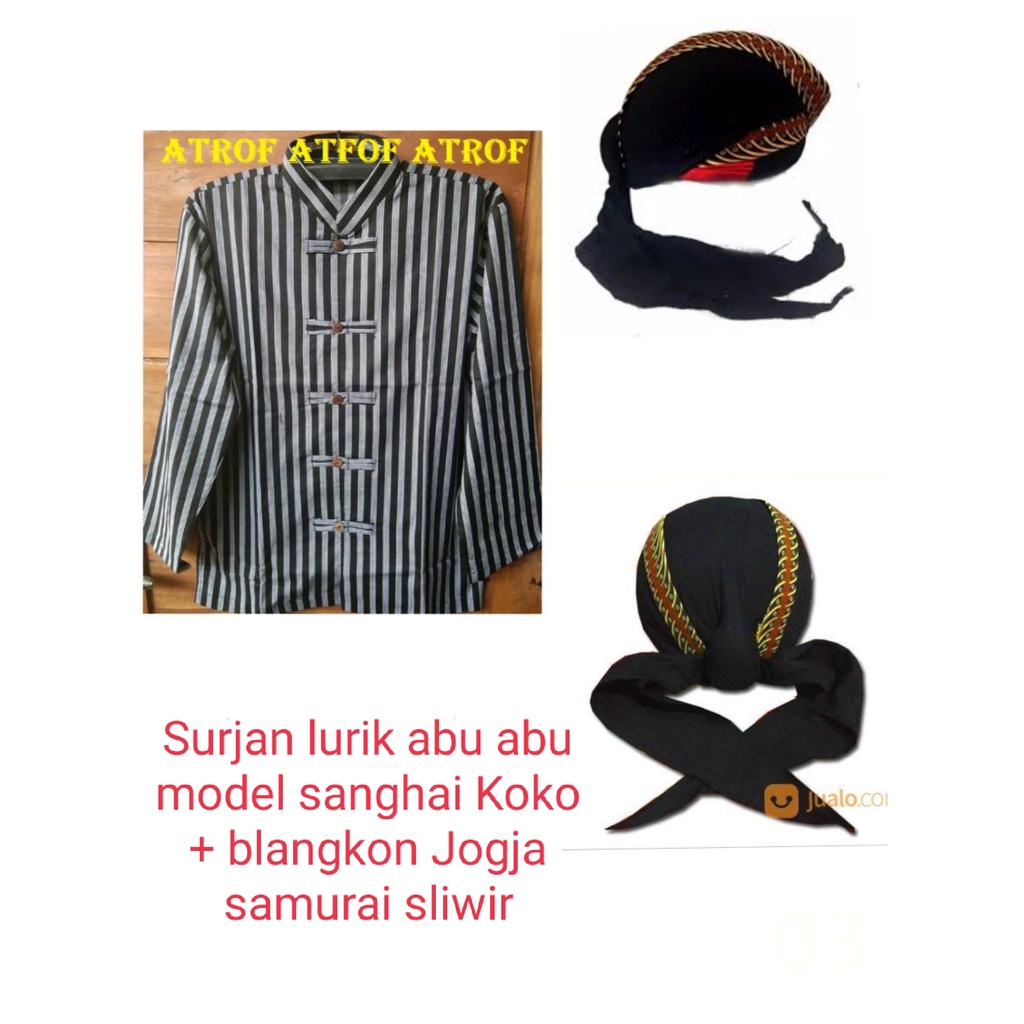 Surjan Lurik Sanghai Koko  ABU ABU + BLANGKON JOGJA SAMURAI SLIWIR / Baju Adat Jawa LURIK Model Sang