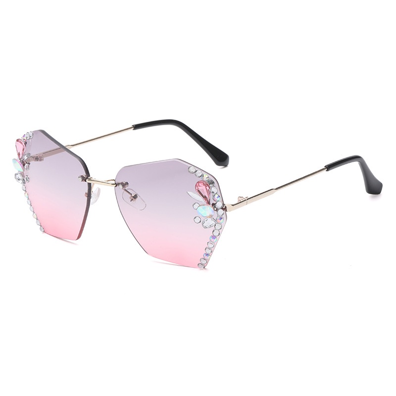 (YUZHU) Korean Fashion Oversized Rimless Sunglasses Metal Diamond Kacamata Hitam Anti UV Untuk Wanita