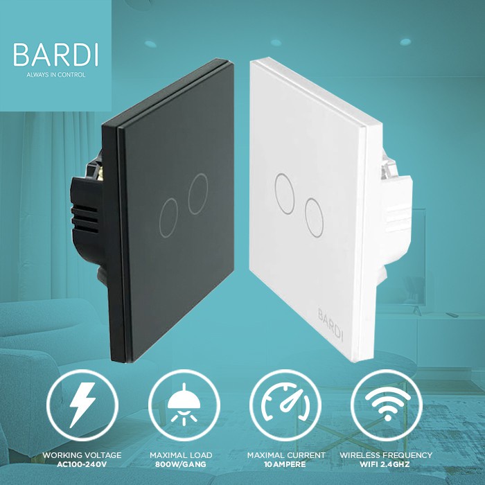 BARDI Smart Light Wallswitch Touch WiFi - EU 2 Gang White/Black Saklar Lampu Touchscreen