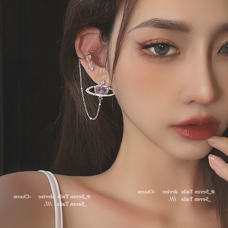 Anting Klip Hati Planet Berlian Imitasi Fashion Untuk Wanita