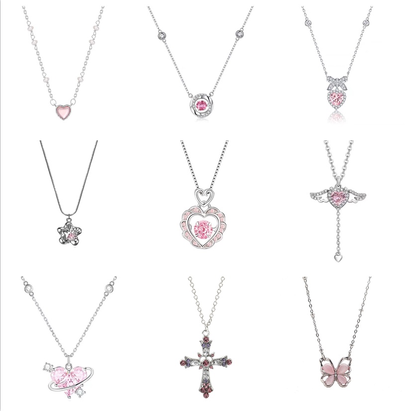 Ahellogirl Pink Flower Love Pendant Zircon Kalung Perak Wanita Necklace