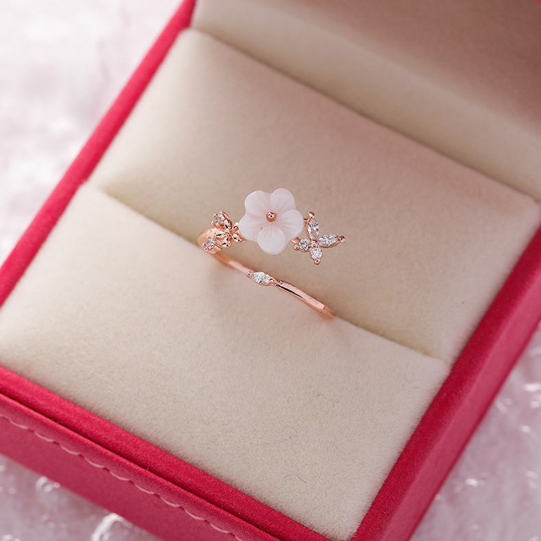 Xiaoboacc Micro Inlay Berlian Zirkon Terbuka Cincin Untuk Wanita Fashion Cinta Bunga Jari Telunjuk Ring