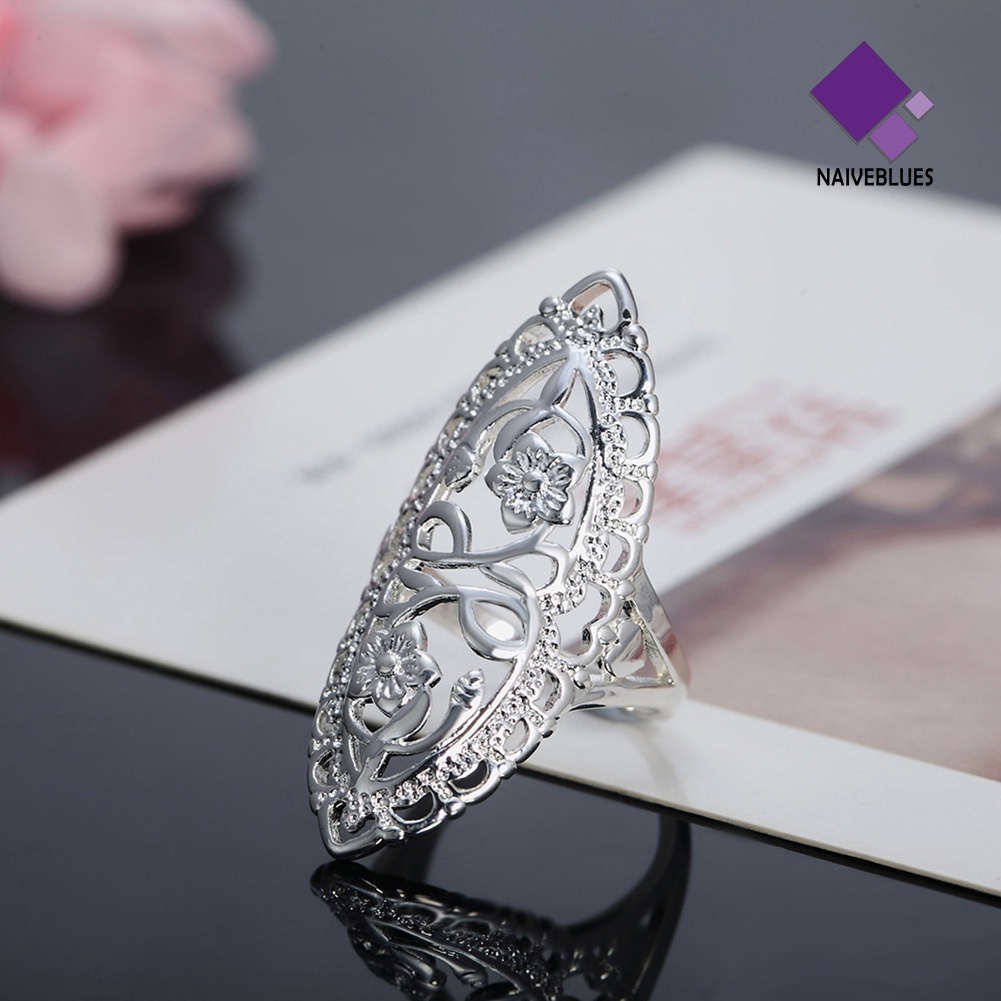 &lt; Naiveblues &gt; Cincin Jari Bunga Ukir Hollow Alloy Lapis Perak Hadiah Wanita