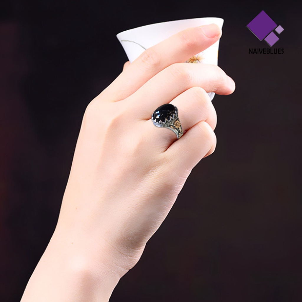 &lt; Naiveblues &gt; Cincin Unisex Lebar Gaya Batu Ukir Pola Bunga Perhiasan Cincin Imitasi