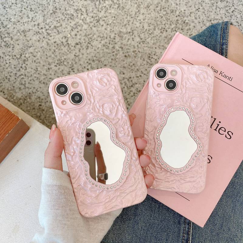 【Rose Flower Mirror】Fashion Pretty Make up Bling Silicone Case for iPhone 11 12 13 14 Pro Max Phone Case for Women Girl Gift Pink Ins