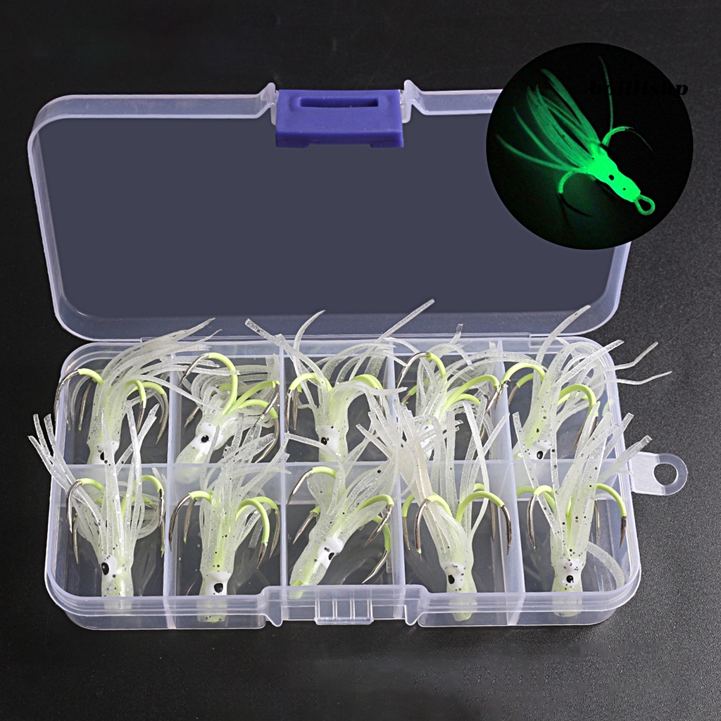 Bo-10pcs Sharp Barber Gantung Lubang Compact four-claw Lure Hooks Lembut Silikon Bercahaya Gurita Umpan Cumi Rok Jigging Hook Perlengkapan Memancing