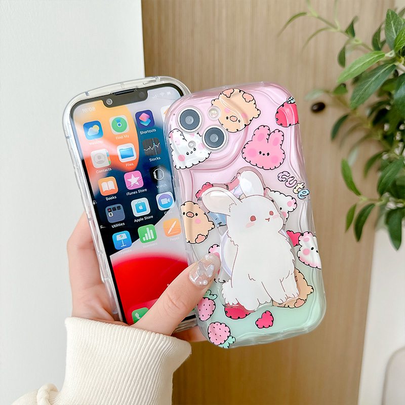 Popsocket Cute Strawberry Bunny Flower Smile Clear Wave Soft Case HP iP iPhone X XS XR 11 12 13 14 Pro Max Woman Girl FTD Casing Apple