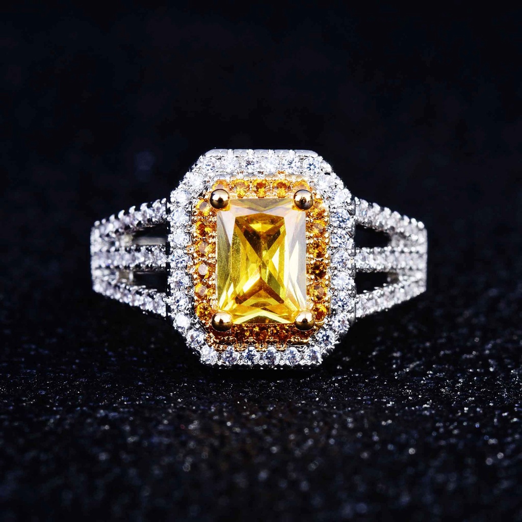 Goldkingdom Fashion Perhiasan Aksesoris Ready Stock Persegi Panjang Kuning Berlian Cincin Indah Persegi Kekayaan Atraksi Berlian Kuning Pembukaan Warna-Warni Harta Cincin Perempuan