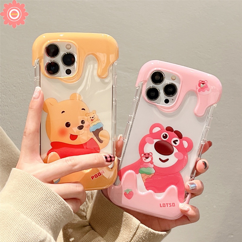 3d Ice Cream Cute Strawberry Bear Case Kompatibel Untuk IPhone 7Plus 8Plus 11 14 13 12 Pro Max XR 7 8 Plus X XS Max SE 2020 Kartun Winnie the Pooh Shockproof Airbag Soft Cover