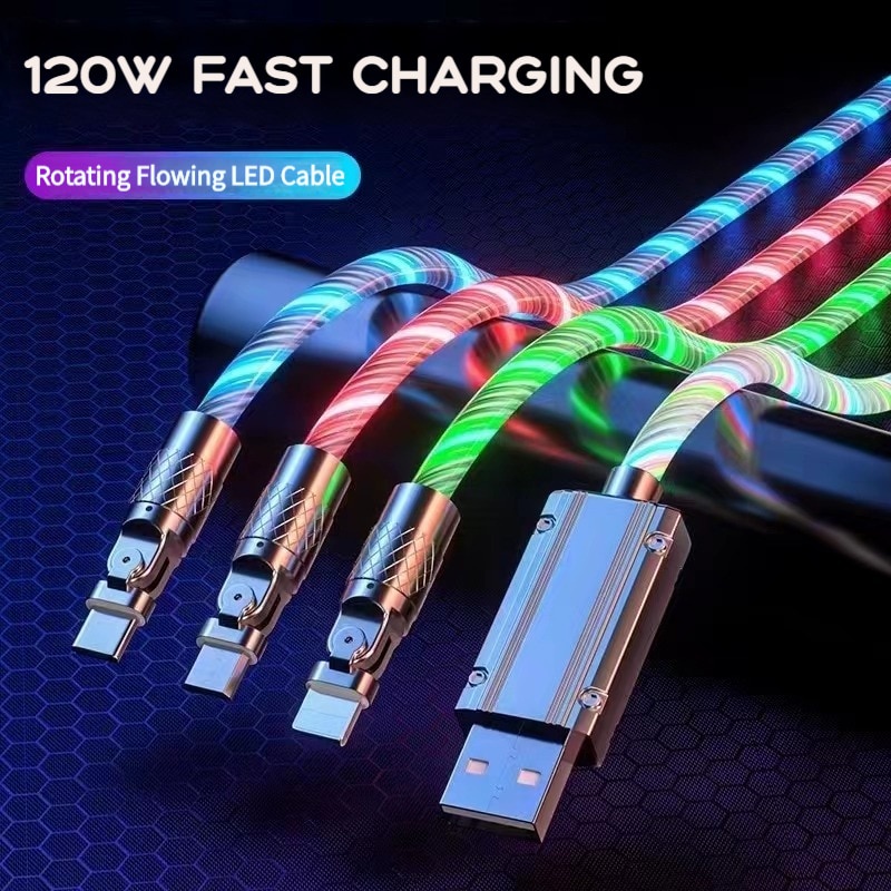 120w 3A Kabel Putar Pengisian Cepat Glow Flowing Cord Lampu LED USB c Streamer Light LED USB c Cord Fast Charging Cable Type-c Micro USB 1M Untuk iPhone Android