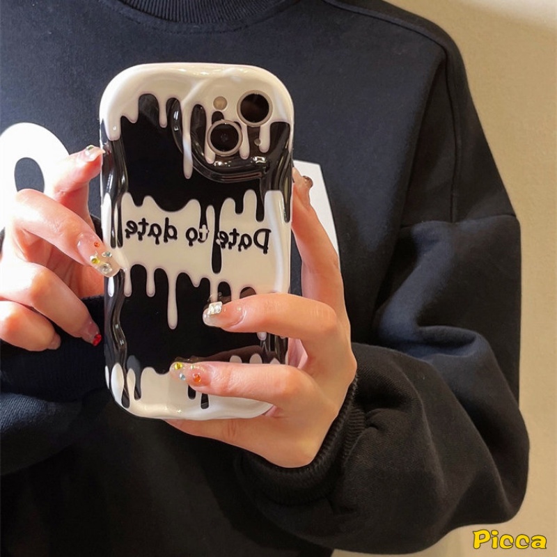 IPHONE Casing Tepi Melengkung Bergelombang Kreatif 3D Kompatibel Untuk Iphone7 8 6s 6 Plus 11 14 12 13 Pro Max XR X XS Max SE 2020 Trendy Pribadi Huruf Inggris Es Krim Shockproof Glossy Soft Cover